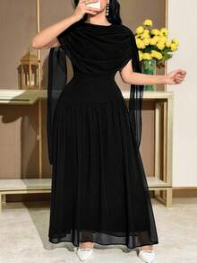 Feyla Plus Size Women's Elegant Party Banquet Black Ruched Batwing Sleeve Waist Cinched Dress - Black - View 4