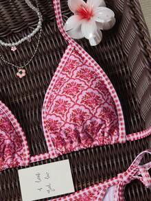 Swim Mod Bikini Halter Dua Potong Motif Cetak Seluruh Permukaan untuk Liburan Pantai Kasual Wanita - Berwarna merah muda - View 9