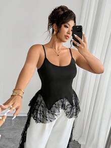 Calvaya Große Größen Elegantes Spitzen-Patchwork-Top mit Rüschen in Jellyfish-Form für Damen, gestricktes ärmelloses Top für Frühling/Sommer, vielseitig einsetzbar für Büro, Urlaub, Feiertage, Partys, Dates, Hochzeiten und Outdoor-Anlässe - Schwarz - Übersicht 6