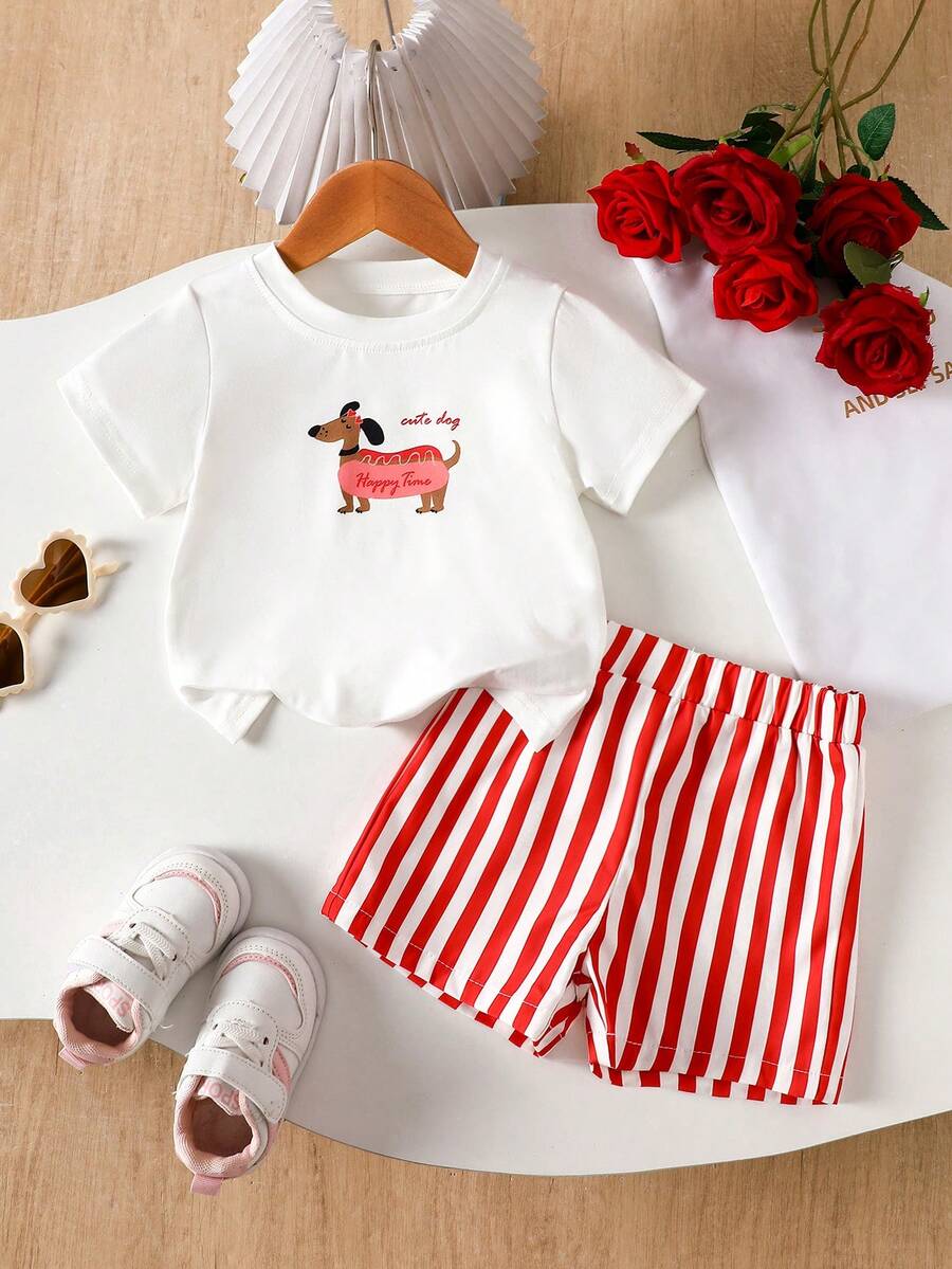 SHEIN 2件套女婴幼儿/新生儿0-3岁休闲日常腊肠犬图案圆领T恤+粉色条纹短裤套装，春夏款 - 紅色 - 查看 1