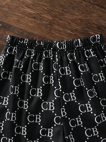SHEIN Bộ 2 món áo và quần short in chữ CB dành cho bé trai, phong cách thường ngày. - Đen và trắng - Xem 5