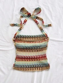 Soleia Plus Size Women Vacation Halter Beige Knit Textured Fitted Tank Top Beach Beach Vacation Vacation Summer Boho - Multicolor - View 2