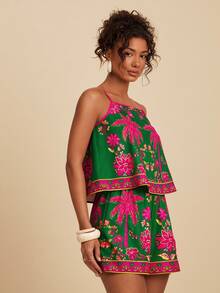 Travachic Conjunto de 2 piezas de chaleco y shorts de gasa con estampado para mujer, ideal para vacaciones de primavera/verano - Multicolor - Ver 3