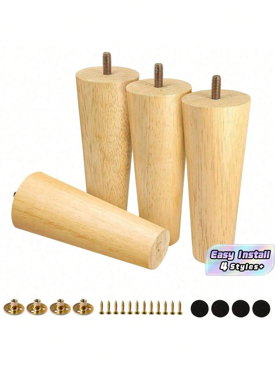 4 件套橡胶木家具腿，直锥形木腿，家具脚替换腿适用于橱柜沙发梳妆台椅子脚凳桌子 - 彩色 - 查看 1