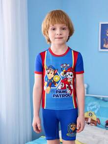 SHEIN | PAW Patrol Ensemble pyjama avec Top à manches courtes col rond et short, imprimé de dessins animés et colorblocking, pour jeune garçon - Bleu azur - Voir 4