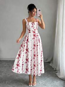 Elenzga Latest Spring & Summer Blue And White Floral Print Elegant Waist Shirred Dress, Suitable For Vacation And Work - Pink - View 4