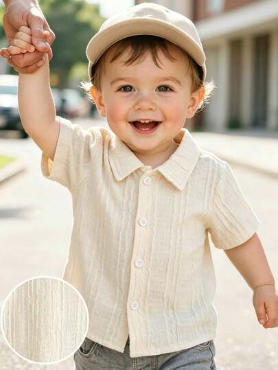 SHEIN Baby Boy All-Match Casual Versatile Textured Fabric Short Sleeve Polo Collar Button Front Shirt Top, Baby Boy Shirt, Infant Summer Shirt, Infant Holiday Shirt, Infant Casual Shirt