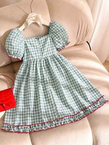 SHEIN Elladie kids 1件装 女童夏季新款露肩泡泡袖荷叶边蝴蝶结腰带格子A字可爱甜美公主裙 - 綠色 - 查看 3