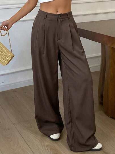 DAZY Pantalones anchos de uso diario versátil con bolsillos plisados de unicolor para mujer