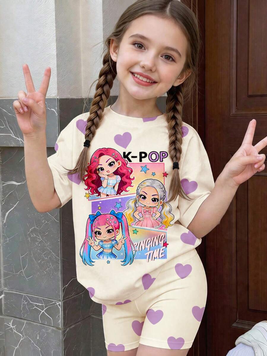 2pcs Young Girl Casual Minimalist Short Sleeve Top And Shorts Set, Suitable For Summer - Multicolor - View 1