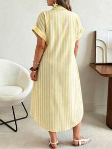 Ceyna Plus Size Women's White Summer Holiday Tea Party Holiday Striped Shirt Dress,Starfish Metal Button Double Placket Raglan Sleeve Asymmetric Hem Maxi - Multicolor - View 2