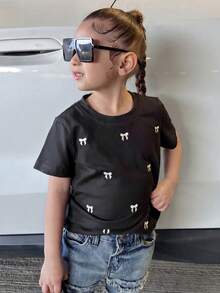 Dazy Kids Camiseta básica de manga corta para niñas (talla pequeña) con patrón de bordado de lazo - Negro - Ver 4