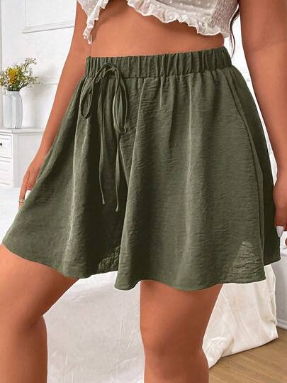 Ceyna Quần short ống rộng, màu trơn, dáng suông, thắt nút, cỡ lớn.