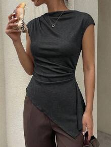 Siren Gaze Women's Casual Asymmetric Hem Side Ruched Blouse, Summer - Grey - View 7