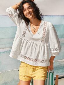 SoleilVie Áo kiểu dáng rộng rãi, màu mơ, chất liệu cotton pha, viền ren phong cách Bohemian, cổ chữ V, tay phồng, thích hợp cho mùa hè. Phù hợp cho nữ. - trắng - Xem 6