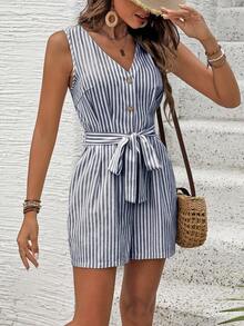 SHEIN LUNE Women's Striped Single-Breasted Pocketed Casual Sleeveless Romper - Navy Blue - View 4