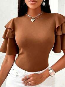 EMERY ROSE Women's Simple Solid Color Ruffle Collar Tight Fit T-Shirt, Summer - Rust Brown - View 3