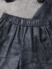 SHEIN 2件套 大童街头时尚柔软针织条纹数码印花拼接短袖圆领T恤配短裤，面料舒适，版型时尚，春夏新品，适合多个季节和场合 - 深灰色 - 查看 8