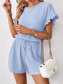 SHEIN Essnce 2pcs Women Short Sleeve Top & Elastic Waist Shorts Set,Summer Outfits For Women - Blue - View 4