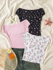 Sparklyn Set de 3 camisetas de hombros descubiertos multicolor para niñas de vacaciones - Multicolor - Ver 2