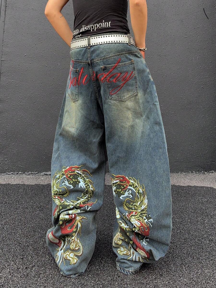 Manfinity EMRG Quần jeans ống loe nam phong cách thường ngày đường phố, in hình rồng Trung Quốc và chữ cái, đã qua xử lý giặt. - Rửa nhẹ - Xem 1