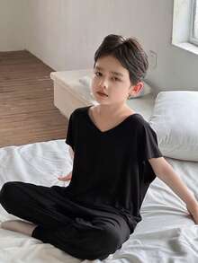 Dazy Kids 男童V领套头衫+直筒裤家居服套装 - 黑色 - 查看 4