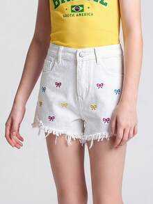 SHEIN 青少年女孩夏季波西米亞風休閒純色水洗高腰破洞牛仔短褲，毛邊褲腳與磨損口袋設計，女孩夏季海灘度假寬鬆短褲，夏季音樂節慶典休閒電音派對，女孩夏季早午餐畢業季 - 白色 - 查看 5