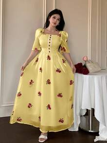 Modelyn 方領刺繡花卉收腰泡泡袖女款洋裝，春/夏 - 黃色 - 查看 4