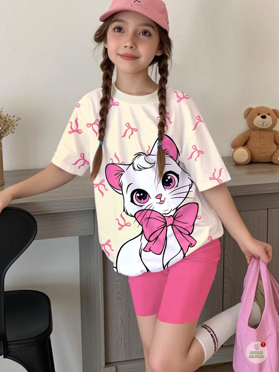 少女休闲可爱卡通猫咪波点蝴蝶结印花奶油粉色时尚少女风短袖T恤短裤两件套,适合夏季穿着 - 彩色 - 查看 1