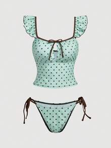 SHEIN MOD Women's Sweet Polka Dot Ruffle Armhole Bikini Set, Beach & Resort Style For Summer - Mint Green - View 3