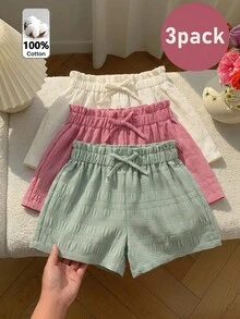 SHEIN 3件組少女純色百褶休閒百搭日常穿著短褲夏季套裝：梭織柔軟雙層紗布荷葉邊短褲，彈性腰帶，純色，百搭且輕盈少女短褲套裝 - 彩色 - 查看 4