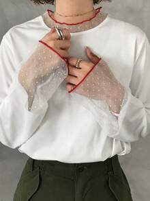 FRIFUL 纯色拼接薄纱波点网眼宽松休闲百搭T恤 - 白色 - 查看 7