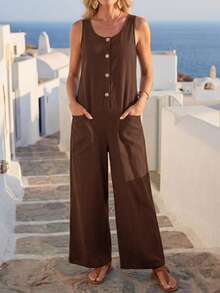 EMERY ROSE Women's Solid Color Round Neck Casual Everyday Jumpsuit - Brown - View 5