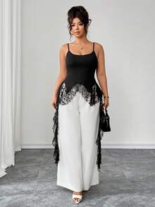 Calvaya Große Größen Elegantes Spitzen-Patchwork-Top mit Rüschen in Jellyfish-Form für Damen, gestricktes ärmelloses Top für Frühling/Sommer, vielseitig einsetzbar für Büro, Urlaub, Feiertage, Partys, Dates, Hochzeiten und Outdoor-Anlässe - Schwarz - Übersicht 4