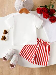 SHEIN Bộ 2 món cho bé gái sơ sinh/trẻ nhỏ 0-3 tuổi, họa tiết chó xúc xích, cổ tròn và quần short kẻ sọc hồng, thích hợp mặc hàng ngày, mùa xuân/hè. - Đỏ - Xem 2