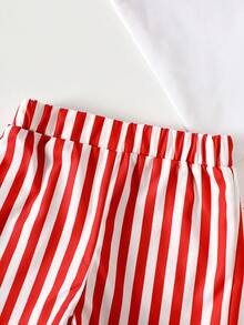 SHEIN Bộ 2 món cho bé gái sơ sinh/trẻ nhỏ 0-3 tuổi, họa tiết chó xúc xích, cổ tròn và quần short kẻ sọc hồng, thích hợp mặc hàng ngày, mùa xuân/hè. - Đỏ - Xem 7
