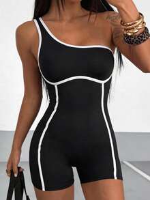 SHEIN HypeZone Bộ áo liền quần tập thể dục ôm sát màu đen trắng dành cho nữ - Đen và trắng - Xem 3