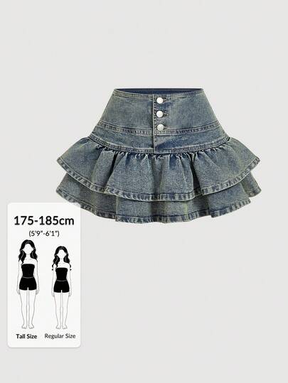 SHEIN Tall 女士复古时尚荷叶边休闲短款牛仔迷你裙，夏季