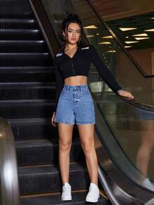 SHEIN PETITE Women's Casual Denim Shorts, Slim Fit - Medium Wash - View 4