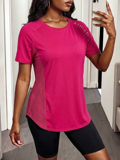 Easithlete Plus Size Asymmetric Hem Letter Print Summer Sports Short Sleeve T-Shirt Plus Size Workout Tops Plus Size Activewear Tops Curve Activewear Tops Plus Size Athletic Tops Curvy Workout Tops Plus Size Active Tops Curvy Workout Shirts 2pieces Gym Women Shirts