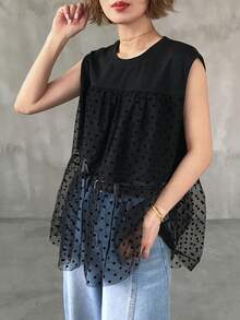 FRIFUL 女士圆领无袖背心式T恤，撞色纹理波点拼接设计，夏季款 - 白色 - 查看 1