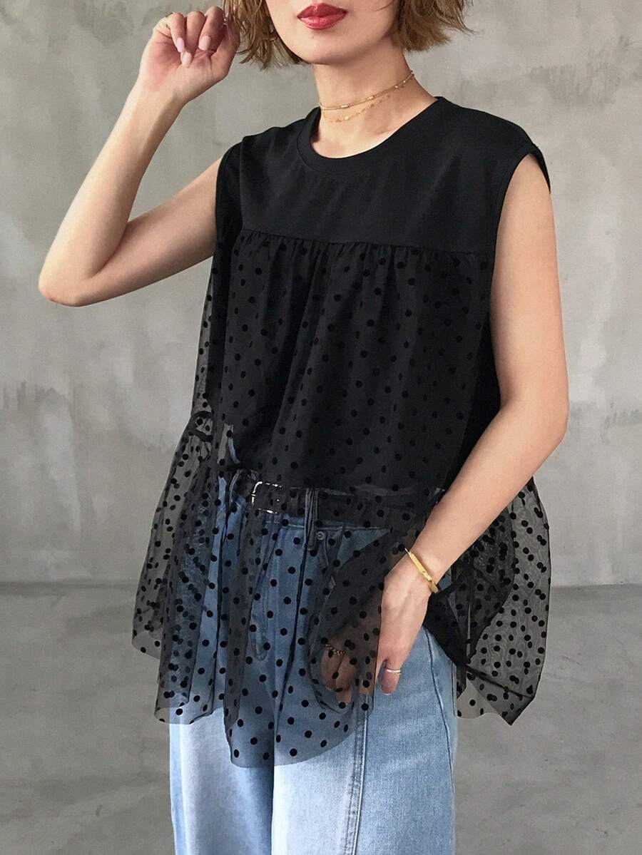 FRIFUL 女士圆领无袖背心式T恤，撞色纹理波点拼接设计，夏季款 - 白色 - 查看 1