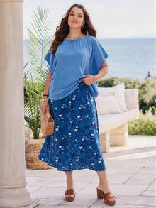 EMERY ROSE 大码女式纯色百褶上衣搭配印花百褶裙休闲套装 - 彩色 - 查看 8