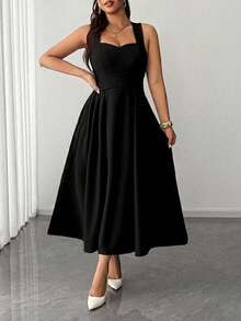 Elenzga Robe de mariée d'automne élégante noire pour femmes grande taille, bretelles spaghetti haute élasticité, nouée à la taille, jupe plissée, pour soirée, festival de musique, rendez-vous - Noir - Voir 3