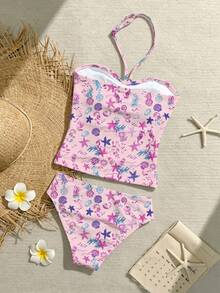 SHEIN Tween Girls Tankini 2 Pieces Swimwear, Casual Spaghetti Strap Bikini For Girls, Spring/Summer - Baby Pink - View 2