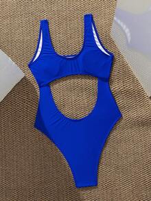Swim SXY 女士纯色镂空连体泳衣，适合夏季海滩穿着 - 寶藍色 - 查看 2