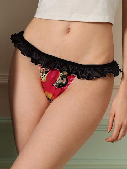 THE POWERPUFF GIRLS X SHEIN Pink Contrast Color Satin Faille Ruffle Trim All-Over Print Sweet & Cute Women's Panty