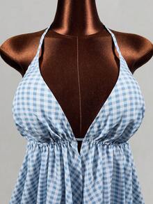 Mistrie Weißes kariertes Rüschen-Top für Damen, süßes Y2K-Sommer-Urlaubs-Shirt, sexy ärmellos mit asymmetrischem Saum, für Strand und Golf - Blau - Übersicht 4