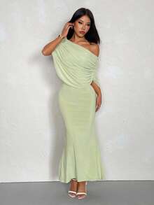 SHEIN PETITE Đầm maxi lưới ôm sát, thanh lịch, màu xanh nhạt trơn, xếp ly, lệch vai, thích hợp cho mùa xuân/hè, kiểu dáng thanh lịch, đầm suông. - màu xanh lá - Xem 4
