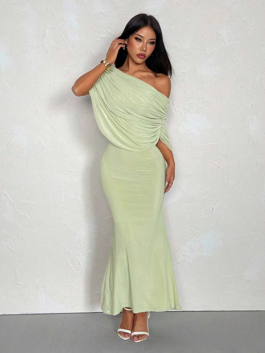 SHEIN PETITE Đầm maxi lưới ôm sát, thanh lịch, màu xanh nhạt trơn, xếp ly, lệch vai, thích hợp cho mùa xuân/hè, kiểu dáng thanh lịch, đầm suông. - màu xanh lá - Xem 1